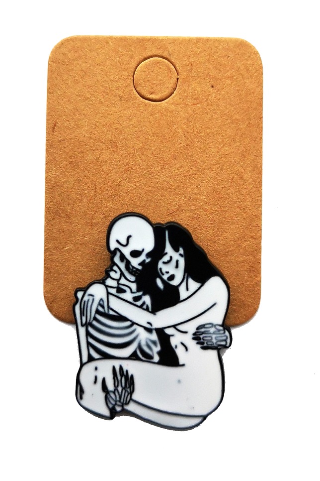 Metal Skeleton Carrying Girl Enamel Pin Badge